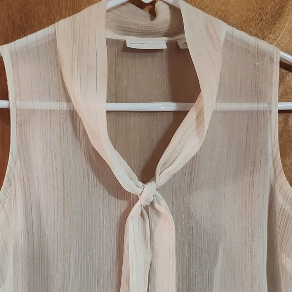 New York & Company Sheer Sleeveless Tie Neck Top Cream Gold Twee Metallic XS - Picture 2 of 10